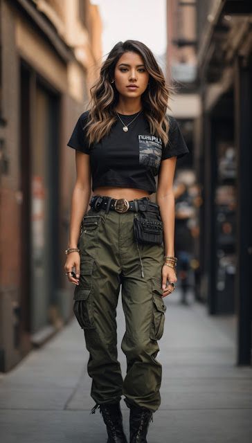 Biker Look Women Outfits, Women Combat Pants, Army Look Women Outfits, Woman Combat Outfit, Combat Fashion Women, Utility Outfit Women, Women Cargo Pants Outfit Street Styles, Warehouse Outfit Women, Military Pants Outfit Women