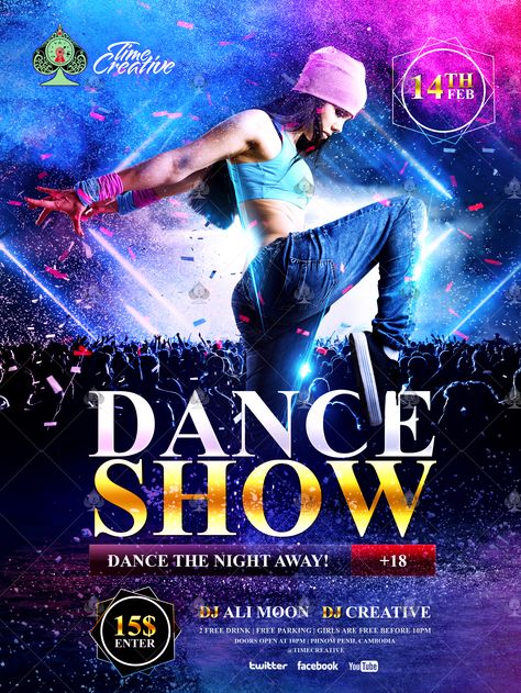 Dance Show Flyer Design is a party flyer with colorful by #TimeCreative Dance Flyer Design, Dance Competition Poster, Dance Event Poster, Poster Tarian, Showcase Poster, Dance Poster Design, Event Poster Design Inspiration, Dance Flyer, Competition Poster