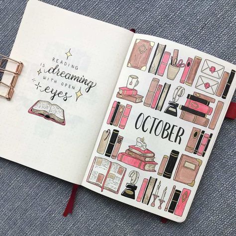 Want to use your Bullet Journal to track your reading? Or maybe bring your love for books to your journal pages? Get inspired by these amazing trackers and other book-themed Bullet Journal spreads. Weekly spreads, cover pages, reading trackers, mood trackers, and more book Bullet Journal theme inspirations. Plus my September Plan With Me including a YouTube video. #mashaplans #bulletjournal #bujo #planwithme #pwm #bujoinspo #bookbujo October Cover Page, Journal Headers, Journal D'inspiration, Lettering Diy, Bullet Journal 2020, Book Theme, Album Journal, Bullet Journal Cover Page, Daily Journaling