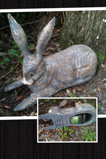 Bunny hide Geocache Swag, Geocache Ideas, Fun Toys For Kids, Geocaching Containers, Secret Hiding Spots, Small Garden Statues, Secret Hiding Places, Hidden Spaces, Wood Router