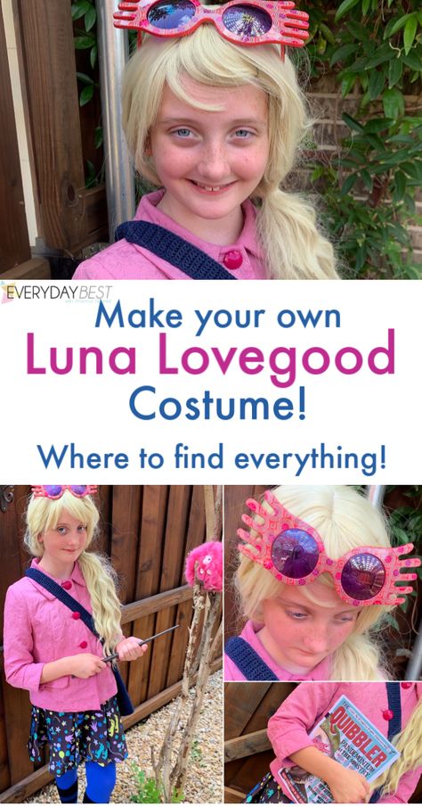 Luna Lovegood! Find out the easiest way to assemble a cheap and easy, Luna Lovegood Costume. I'll tell you where we found each piece and how much it cost. And places to buy the costume whole, if you prefer! All the links and tips you need … Accio costume!  Here is how we put together our Luna Lovegood Costume on a budget... Harry Potter Luna Lovegood Costume, Luna Lovegood Costume Ideas, Luna Love Good Costume Diy, Diy Luna Lovegood Costume, Diy Luna Lovegood Glasses, Luna Love Good Costume, Luna Lovegood Diy Costume, Luna Lovegood Halloween Costume, Luna Lovegood Dress