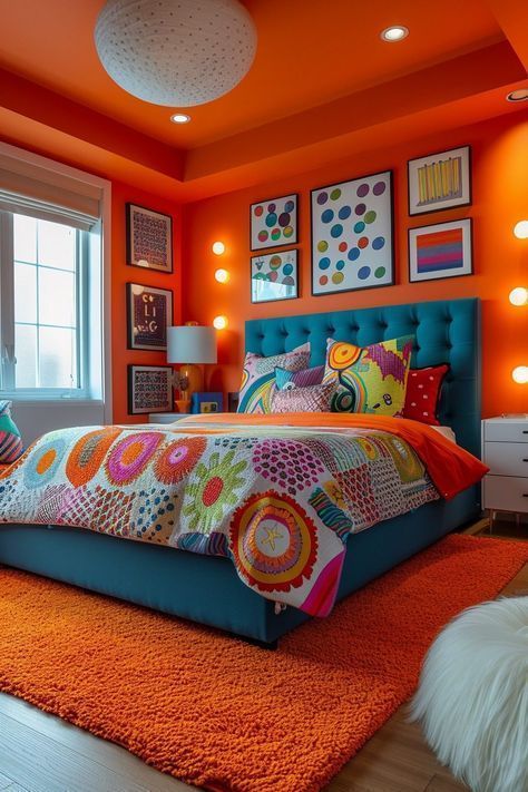 Bright Color Schemes For The Home, Colorblock Room, Rainbow Bedroom Ideas Kids, Bright Room Colors, Rainbow Bedroom, Colorful Rooms, Colorful House, French Interior Design, Colorful Room