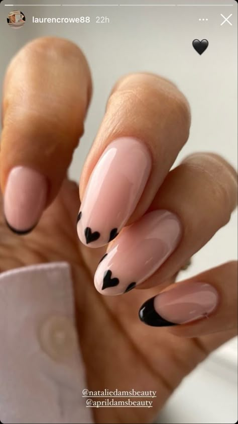 Black French Tip Nails Almond With Heart, Nails For Each Month, Black French Nails With Heart, Nail Design February, Black French Tips With Hearts, Black And Pink Heart Nails, French Manicure Valentine Nails, Nails With Black Hearts, Pink French Almond Nails