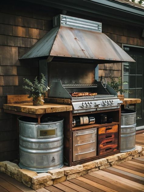 19 DIY Grill Station Ideas – The DIY Desire Outdoor Oven And Grill, Farm Patio Ideas Backyards, Backyard Grill Station Ideas, Outdoor Kitchen Enclosure, Outdoor Industrial Kitchen, Outdoor Kitchen Wood Cabinets, Pallet Outdoor Kitchen Diy Projects, Diy Charcoal Grill Station, Man Kitchen Ideas