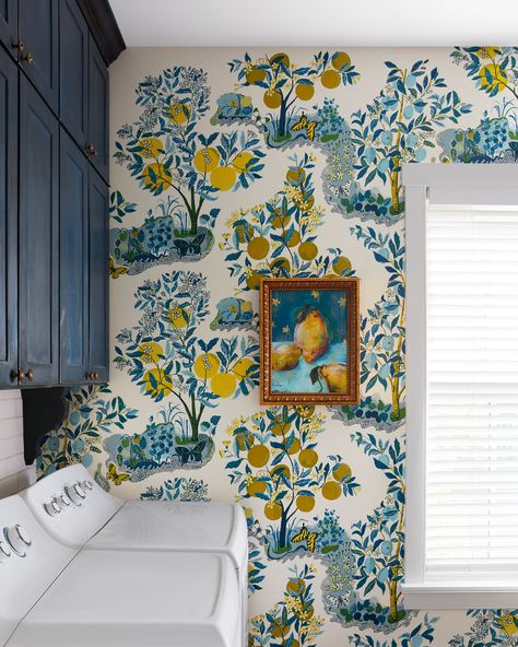 Wallpaper Paneling, Kitchen Wallpaper Accent Wall, Pantry Wallpaper, Beautiful Dining Room Decor, Blue Upholstered Chair, Accent Wall In Kitchen, Laundry Room Colors, Dining Room Accent Wall, Bold Paint Colors