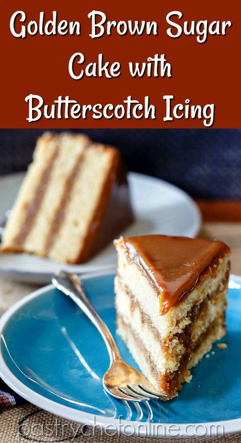 Three layers of old fashioned yellow cake doused in homemade butterscotch icing that sets up into a soft and sliceable butterscotch candy. If you are a fan of butterscotch flavor, you'll want to make this butterscotch cake recipe. #cakerecipes #butterscotchcake #oldfashionedcakerecipes #butterscotch #pastrychefonline.com Butterscotch Caramel Cake, Butterscotch Filling For Cake, Butterscotch Layer Cake, Butterscotch Fluff, Butter Scotch Cake Designs, Butterscotch Filling, Butterscotch Icing, Butter Scotch Cake, Butterscotch Glaze