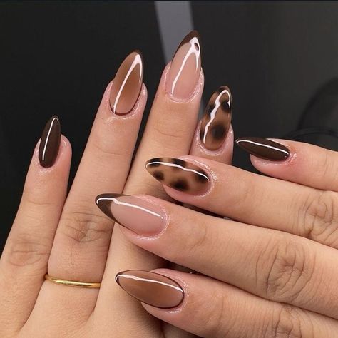 Brown And Cheetah Nails, Cheetah Almond Nails, Brown Almond Acrylic Nails, Brown Nails Design, Cheetah Nails, Ideas Uñas, Casual Nails, Leopard Nails, New Nails