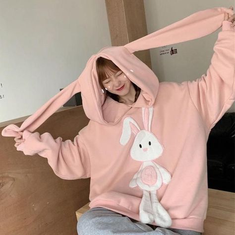 Cute Kawaii Outfits, Harajuku Clothes, Bunny Embroidery, Streetwear Girl, Loose Hoodie, Hoodie Oversize, Winter Color, Bunny Ears, Oversized Pullover