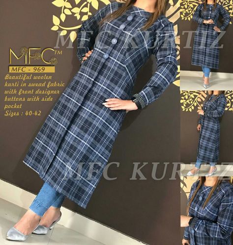 Woolen Kurti Neck Design, Printed Woolen Kurtis Design Winter, Woolen Kurti Design, Woolen Kurtis Design Winter Indian, Woolen Kurta Designs Women, Check Kurti Designs Latest Indian, Check Kurti Designs Latest, Wollen Kurtis Design Winter, Winter Kurti Designs Latest