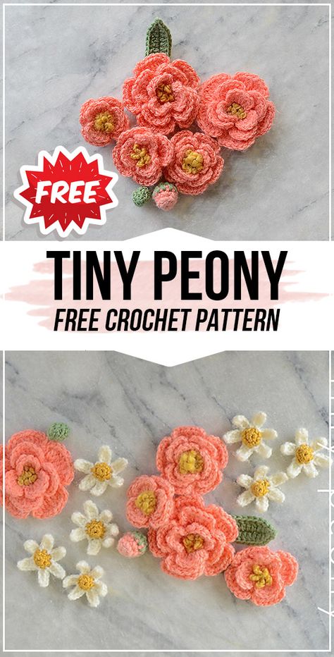 crochet Tiny Peony free pattern - easy crochet flower pattern for beginners Crochet Tiny, Bouquet Crochet, Crochet Flower Pattern, Beau Crochet, Crochet Garden, Crochet Flowers Easy, Confection Au Crochet, Crochet Flowers Free Pattern, Crochet Bouquet