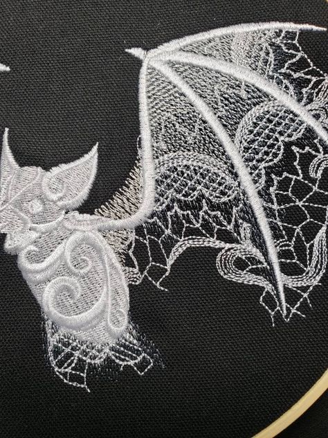 Beautiful lacey bat has been embroidered onto black canvas and placed into an 8 inch hoop. All hoops are made when ordered. Please ask all questions before purchase. Please read all shop policies before purchase. Gothic Embroidery Design, Bat Embroidery Pattern, Creepy Embroidery, Goth Embroidery, Bat Embroidery, Irma Vep, Witch Embroidery, Dark Embroidery, Embroidery Corset