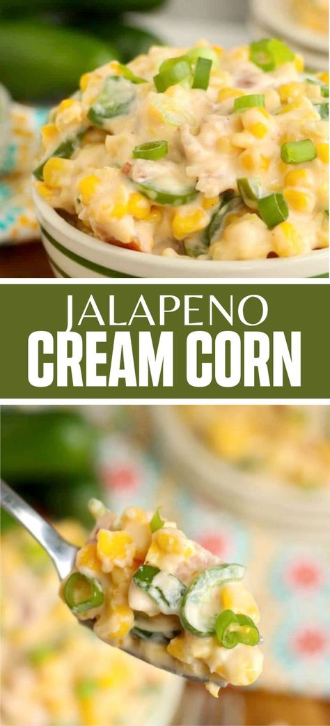 Collage of bowlful of jalapeno creamed corn at top and spoonful of jalapeno creamed corn at bottom. Jalapeno Cream Cheese Corn, Cream Cheese Jalapeño Corn, Corn Casserole With Cream Cheese And Jalapeno, Slow Cooker Cream Corn, Jalapeno Cream Corn Crockpot, Cheesy Corn Crockpot, Jalapeño Cream Corn, Jalapeno Creamed Corn, Cream Corn Crockpot