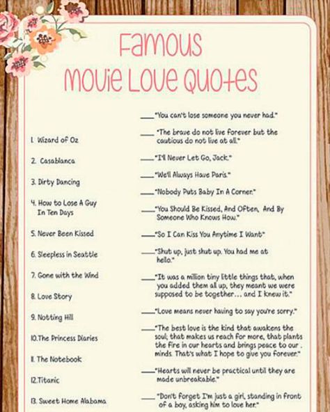 Bridal Shower Games For Work, From Ms To Mrs Bridal Shower Party Ideas, Movie Themed Bridal Shower Ideas, Bridal Party Quotes, Movie Love Quotes Game, Wedding Shower Gifts Basket, Best Bridal Shower Games, Creative Bridal Shower Ideas, Bridal Shower Quotes