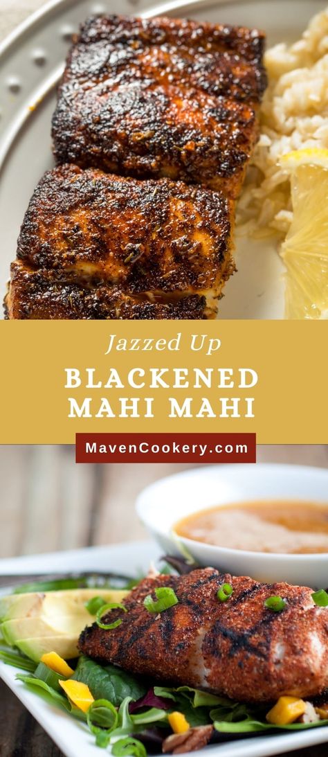 For an easy healthy fish dinner, Blackened Mahi Mahi is the star of the show. Mahi-mahi is a firm flaky fish with a slightly sweet taste. The blackened seasoning balances out the flavors and gives the fish its dark rich coloring. The avocado-cilantro-lime sauce makes all the other flavors harmonize. #blackenedfish #blackenedfishtacos #blackenedfishtacoswithcabbageslaw #blackenedfishrecipes #blackenedfishseasonings #blackenedfishsandwich #blackenedfishwithsauce Grilled Blackened Mahi Mahi, Grilled Mahi Mahi Recipes Sauces, Cajun Mahi Mahi Recipes, Mahi Mahi Lean And Green Recipes, Blacking Seasoning For Fish, Sauce For Blackened Fish, Pan Fried Mahi Mahi Recipes, Blacken Mahi Mahi, Blackened Mahi Mahi Recipes