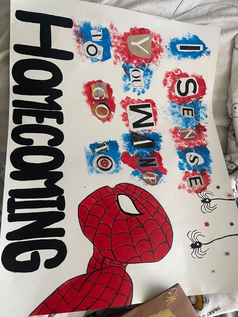 Spiderman Homecoming Poster Ideas, Spider Man Homecoming Poster Ideas, Spider Man Dance Proposal, Spiderman Hoco Proposals Ideas, Hoco Poster Ideas Spiderman, Sadie Sign Ideas, Cute Hoco Ideas Poster, Spider Man Hoco Proposal Poster, Wall-e Hoco Proposal