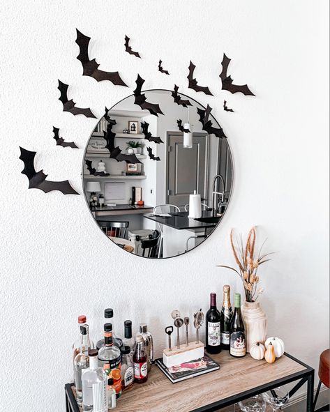 Halloween Bat Decorations Indoor, Bats Across Mirror, Bats On Mirror Decor, Paper Bats Halloween Decorations, Bats On Wall Halloween Decor, Halloween Bats On Wall, Bats On Wall Decor, Halloween Entry Table, Paper Bats