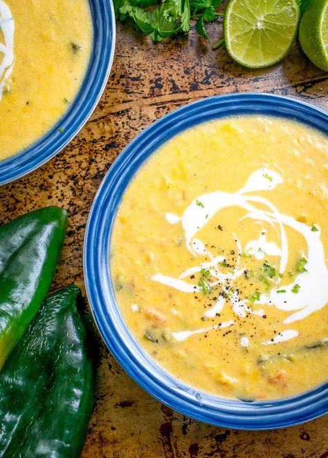 This Corn and Poblano Soup has a perfect balance between the corn and the roasted poblanos. A drizzle of cream and a final dash of acidity turn it into a keeper! mexicanplease.com Corn And Poblano, Corn Bisque, Soup Potato, Corn Cream, Poblano Soup, Easy Corn, Mexican Dinner, Corn Soup, Soup Recipes Slow Cooker