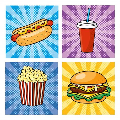 Set of pop art fastfood how hot dog with... | Premium Vector #Freepik #vector #design #texture #dog #fashion Pop Art Food, 30 Day Art Challenge, Donut Vector, Tea Bag Art, Pop Art Fashion, Kids Pop, Pop Stickers, Pop Art Girl, Pop Art Comic