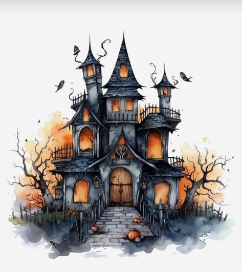 Halloween Scenery Art, Haunted House Ideas Drawing, Haunted House Clip Art, Haunted House Painting Ideas, Watercolor Haunted House, Halloween Artwork Drawing, Haunted House Drawings, Halloween House Drawing, Haunted House Sketch