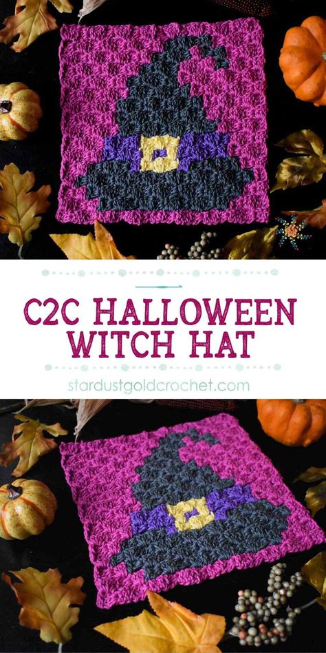 Witch Hat C2C Square | Part 4 of 8 Halloween Crochet Blanket & Wall Hanging – Stardust Gold Crochet Halloween Granny Square Crochet, C2c Halloween, Halloween Crochet Blanket, Halloween Granny Square, Halloween Afghan, C2c Squares, Creepy Crochet, Crocheted Halloween, Spooky Crochet