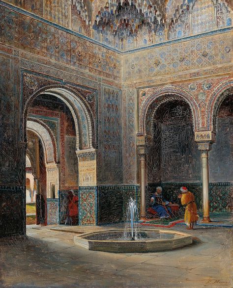 Francisco Muros Ubeda - The Alhambra , February 19, 1836 - Granada, June 2, 1917) was a painter belonging to the Granada school of the nineteenth century, draftsman and honorary professor of the school of fine arts of Granada. Alhambra Spain, Alhambra Palace, Persian Architecture, Arabian Art, Moroccan Art, Al Andalus, Islamic Paintings, Eastern Art, Arabic Art