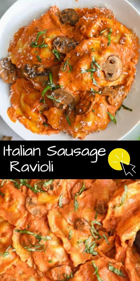 This Italian Sausage Ravioli recipe is simple, and perfect for any night of the week. With its creamy tomato sauce, flavorful vegetables, and savory ravioli, this dish is a winner. Sweet Italian Sausage Ravioli Recipe, Ravioli Recipe Red Sauce, Italian Sausage Stuffed Ravioli Recipe, Ravioli Recipe With Sausage, Sauce For Italian Sausage Ravioli, Italian Sausage Ravioli Bake, Sauteed Ravioli Recipe, Sausage Ravioli Recipe Dinners, Sausage Ravioli Bake