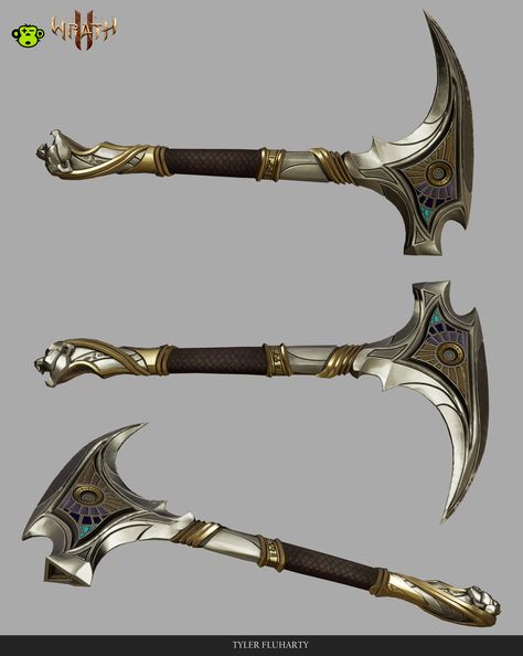 Magic Handaxe Dnd, Fantasy Weaponsmith Design, Fantasy Pickaxe, Pickaxe Concept Art, Sythe Designs, Fantasy Axes Design, Fantasy Weaponsmith, Weaponsmith Character Design, Fantasy Spear