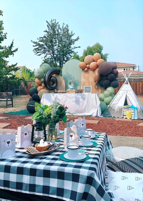 Kara's Party Ideas Modern Camping Backyard Birthday Party | Kara's Party Ideas Camp Party Table Decor, One Happy Camper Backdrop, Mountain Birthday Party, Modern Camping, Happy Camper Birthday Party, Woodland Camping, Adventure Birthday Party, Camping Theme Birthday Party, Birthday Twins