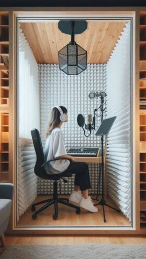 If you’re a musician or a voice-over artist who works from home then you need to have a soundproof booth in your home. Having a soundproof booth is really a great idea because beginners don’t have a large budget to invest in a recording studio. Small Recording Booth, Diy Sound Booth, Podcast Setup Home, Home Studio Aesthetic, Music Booth, Podcast Room Ideas, Soundproof Booth, Home Music Studio Ideas, Music Production Studio