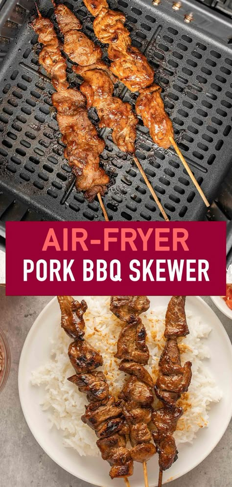 pork BBQ skewers cooked in an air-fryer Air Fryer Pork Souvlaki, Pork Kabobs In Air Fryer, Filipino Pork Skewers, Filipino Bbq Chicken Skewers, Filipino Bbq Pork Skewers, Bbq Pork Skewers, Pork On A Stick, Filipino Pork Bbq, Bbq Pork Loin