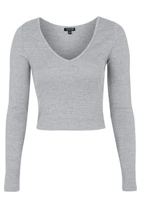 Ribbed V-Neck Top Shirts Crop, Crop Top Long, Ribbed Shirt, Grey Crop Top, Marled Sweater, Layered Shirts, Grey Long Sleeve Shirt, Textured Sweater, Layered Tops