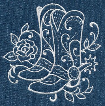 Cowboy Boots with Roses (Whitework) design (M4558) from www.Emblibrary.com Bluework Embroidery, Library Embroidery, Horse Tattoo Design, Western Embroidery, Pes Embroidery, Freestanding Lace Embroidery, Silhouette Painting, Embroidery Design Download, Machine Embroidery Projects