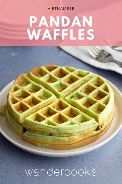 Whip up a batch of Vietnamese style Pandan Waffles in less than 15 minutes. Chewy, fluffy and a little bit crispy, these bright green waffles are filled with coconut and pandan flavours. Pandan Waffles, Green Waffles, Easy Vietnamese Recipes, Vietnamese Style, Cookies Bars, Pancake Recipes, Easy Asian Recipes, Tasty Pancakes, Vietnamese Food