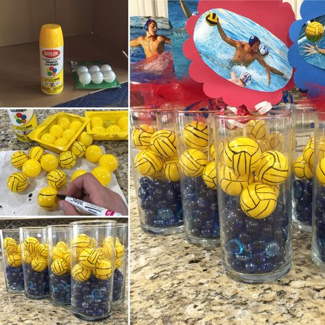 Water polo table center pieces I made for my sons grad party Water Polo Senior Night Gift Ideas, Water Polo Banquet Centerpieces, Water Polo Centerpieces, Waterpolo Poster Ideas, Water Poli, Volleyball Centerpieces Ideas, Volleyball Decorations, Swim Banquet, Volleyball Banquet