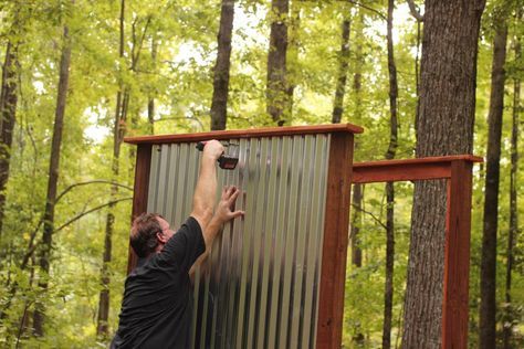 This weekend project is made for those who know outdoor fun can get a little messy sometimes. Outside Showers, Outdoor Shower Enclosure, Outdoor Shower Diy, Privacy Ideas, Outdoor Glider, Adirondack Furniture, Hgtv Garden, Outdoor Showers, Painting Shower