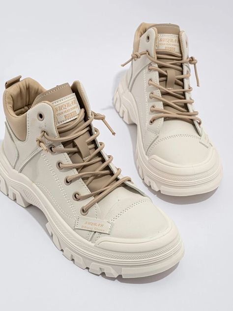 Two Tone High Top Lace-up Front Chunky Sneakers, Women's Casual Sports Shoes, Beige Color With Colorblock Design | SHEIN USA Girly Shoes Sneakers, Shoes Sneakers High Tops, Shein Shoes, Dr Shoes, Shoes Beige, Shoes Shopping, Concept Clothing, People Clothes, Chunky Shoes