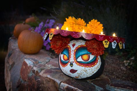 Coco Pumpkin Painting Ideas, Catrina Pumpkin Painting, Day Of The Dead Pumpkin Painted, Coco Pumpkin Painting, Encanto Pumpkin, Sugar Skull Pumpkin Painting, Catrina Pumpkin, Hippie Pumpkin, Bay Decoration