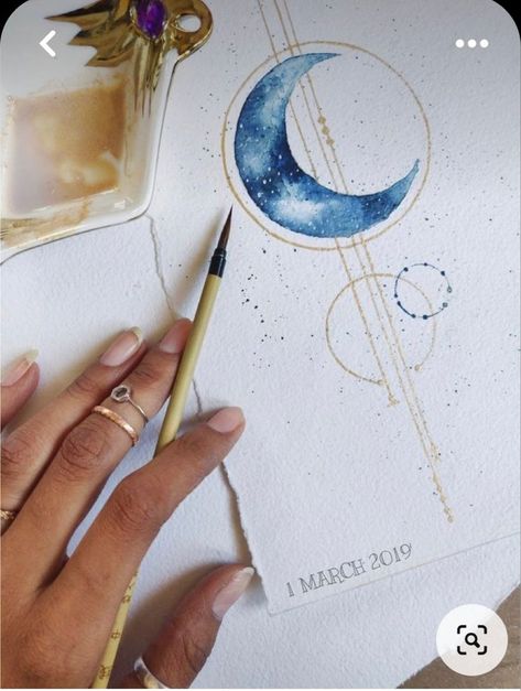 Celestial Art Watercolor, Watercolor Crescent Moon, Moon Phases Watercolor, Metallic Watercolor Art, Moon Water Colour, Watercolor Moon Tattoo, Watercolor Art Moon, Witchy Watercolor, Starry Night Watercolor