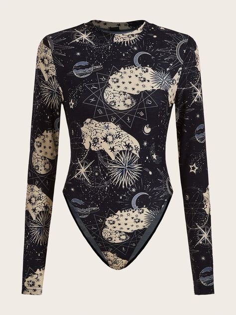 SHEIN EZwear Moon & Star Print Bodysuit | SHEIN UK Galaxy Outfit, Space Outfit, Comfy Jumpsuits, Fairytale Fashion, Moon Print, Print Bodysuit, Moon Star, Womens Bodysuit, Minimalist Outfit