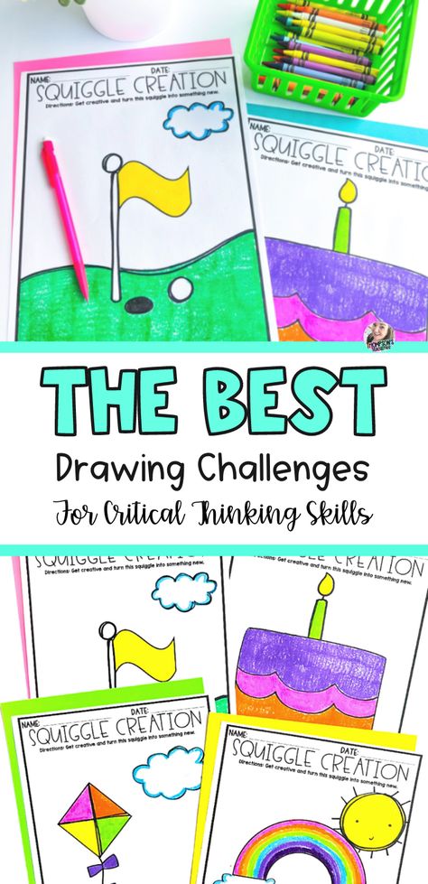 Engage your students and help them develop critical thinking skills with these squiggle drawing challenges! Your classroom students will love these coloring and drawing activities. Use them for morning work, early finishers, brain breaks, and more. These no prep printables are perfect for kindergarten, 1st grade, and 2nd grade kids. They are great for enhancing critical thinking skills and are no prep. Learn more here! Squiggle Drawing, Critical Thinking Skills Activities, 2nd Grade Crafts, 1st Grade Crafts, Math Early Finishers, Space Crafts For Kids, Drawing Challenges, Critical Thinking Activities, Early Finishers Activities