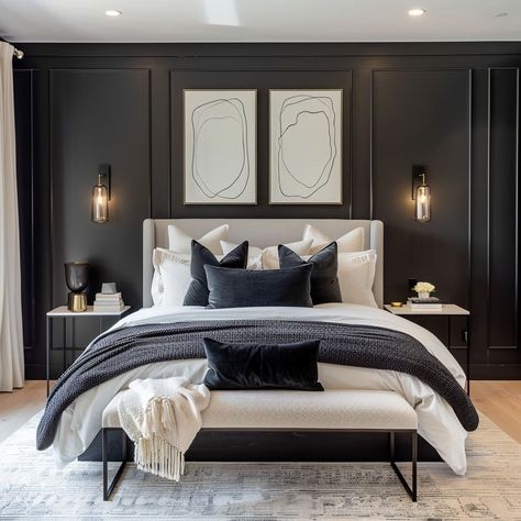 Gray Wall Bedroom, Bedroom Black Accent Wall, Manhattan Interior Design, Black Accent Wall Bedroom, Black Bedroom Decor Ideas, Black Walls Bedroom, Condo Bedroom, Black Bedroom Decor, Homemade Gift Ideas