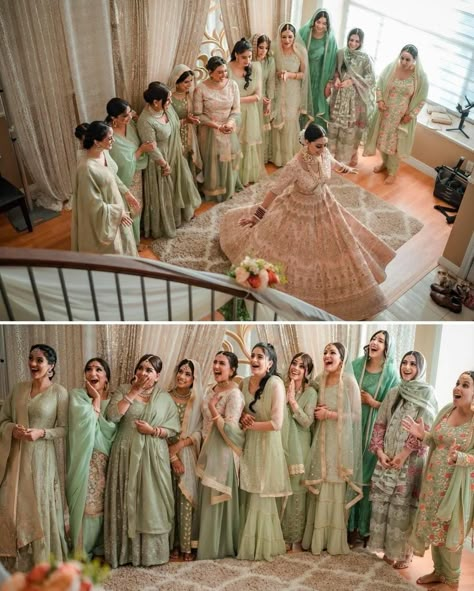 Punjabi Wedding Suit Bridesmaid, Bride Mades Photoshoot, Indian Family Wedding Outfits, Same Colour Dress For Family Indian, Desi Bridal Party, Wedding Colour Schemes Indian, Punjabi Wedding Family Outfits, Asian Wedding Bridesmaid Dresses, Mendhi Outfit For Bridesmaid