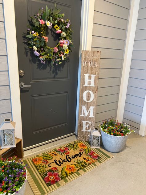 Spring front door decor for apartment or home. Check link for items ☺️💕 #spring #apartment #apartmentdecoratingideas #springdecor Cute Apartment Door Decor, Outside Door Decor Front Entry Apartment, Spring Entryway Decor Front Doors, Apartment Front Door Decor Small Spaces, Front Door Patio Ideas Entrance, Apartment Outside Entrance Decor, Apartment Front Porch Ideas, Apartment Front Door Decor Entrance, Apartment Door Decor Entrance