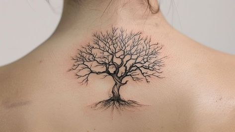 Detailed bare tree tattoo design on neck, symbolizing strength and growth, showcasing skilled artistry in black ink. Branch Neck Tattoo, Bare Tree, Symbols Of Strength, Neck Tattoo, Tattoo Designs, Tattoos, Beauty, Design