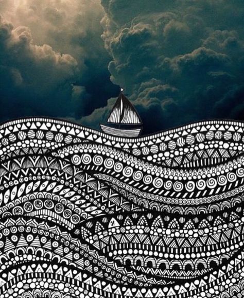 Water Zentangle, Zentangle Clouds, Zentangle Waves, Water Mandala, Sea Mandala, Sailboat Drawing, Zantangle Art, Zentangle Mandala, Arte Doodle