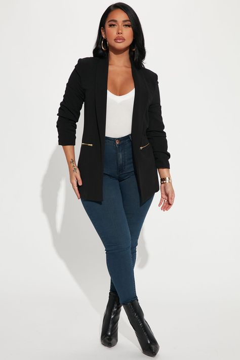 Bethany Blazer - Black | Fashion Nova, Career/Office | Fashion Nova Blazer Outfits All Black, Women’s Court Attire, Petite Curvy Capsule Wardrobe, Business Casual Outfits Black Blazer, Business Casual Women Outfits Chic, Professional Black Outfits Women, Blazers With Jeans Womens, Black Blazers For Women Outfits, Blazer No Shirt Underneath