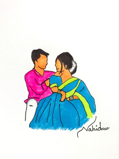 Bengali Couple!! Bengali Romantic Couple Drawing, Bengali Couple Sketch, Meenakari Painting, Bengali Couple, Bengali Art, Friendship Photos, Couple Drawing, Couple Sketch, Couple Tshirts