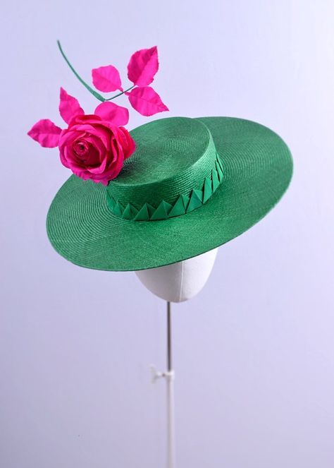 Justine Bradley-Hill Flo Rose Boater Hat in Green/Pink Made to order. Purchase Worn by Zara Phillips on:16 June 2022 - Royal Ascot 2022 - Day 3 Derby Hat Ideas, Zara Hats, Tulle Headband, Designer Wardrobe, Leather Beret, Zara Phillips, Felt Bows, Leather Headbands, Hats And Fascinators