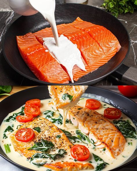 Salmon Spinach Tomato Recipes, Salmon With Sundried Tomato Cream Sauce, Salmon Spinach Cream Sauce, Salmon And Spinach Recipes Healthy, Salmon With Spinach Cream Sauce, Salmon And Spinach Recipes, Salmon Cream Sauce, Creamy Garlic Salmon, Salmon Spinach Recipes