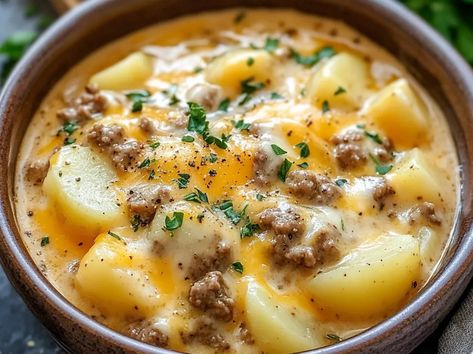 Cheesy Hamburger Potato Soup - Crock Pot Hamburger Potato Soup, Cheeseburger Baked Potato, Cheeseburger Soup Recipes Easy, Bacon Cheeseburger Potato Soup, Cheesy Hamburger Potato Soup Crockpot, Hamburger Potato Soup Crockpot, Crockpot Creamy Potato & Hamburger Soup, Hamburger And Potato Recipes, Hamburg Soup